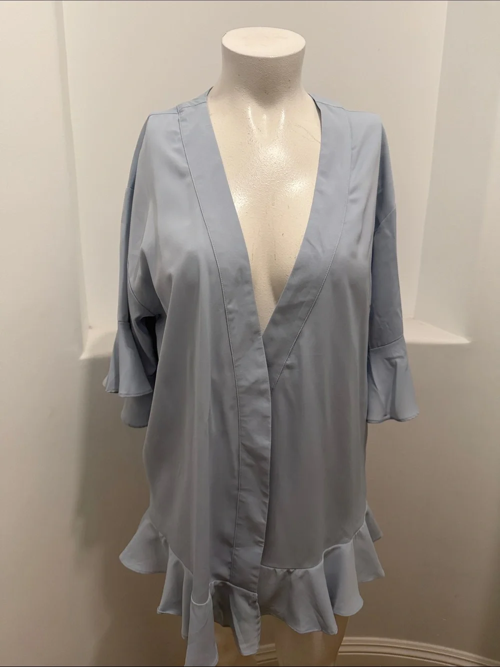 Lovelina Light Blue Ruffle Trim Women's Getting-Ready Robe Kimono Top